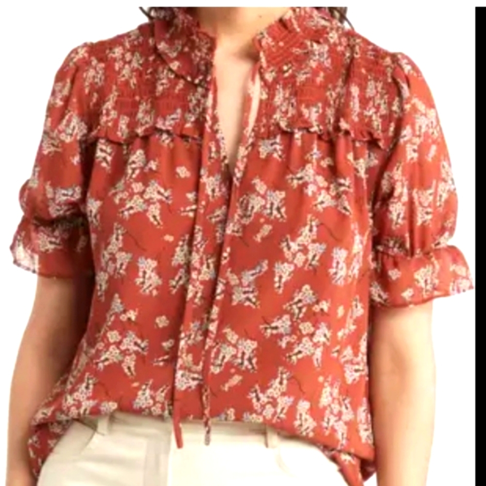 Pleione floral tie neck rust cherry blossom blouse Xs women work Victorian new